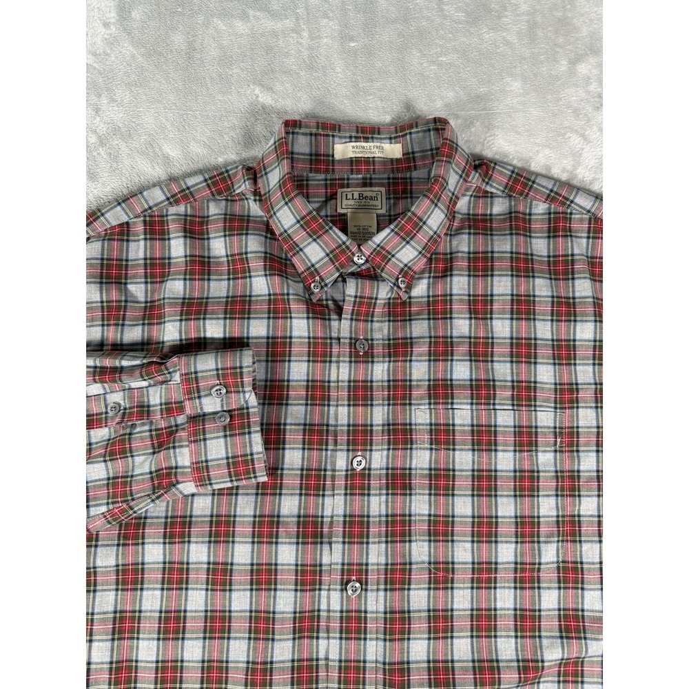 LL Bean Shirt Men's XL Red Grey Plaid Traditional Fit Long Sleeve Button Up